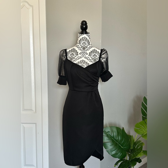 Black Mesh Puff Sleeve Dress - Picture 1 of 4